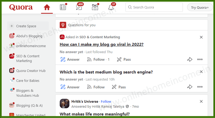 Quora Page Showing Blog Post Ideas
